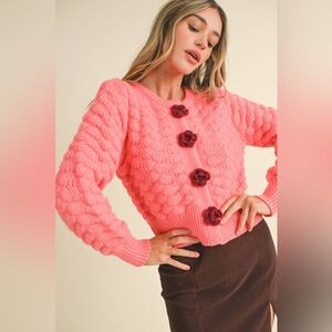 Pink Cable Knit Cardigan Sweater